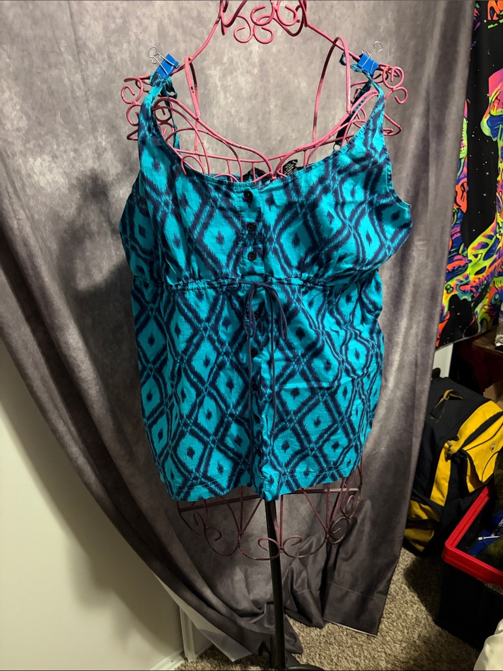 New York & Company Teal and Black Geometric Tie-Waist Cami